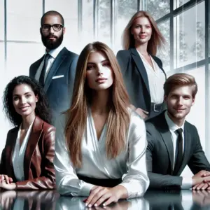DALL·E 2024-11-22 15.32.49 - A professional and modern group photo illustration representing a dynamic recruitment team. The image includes five diverse individuals (two women and